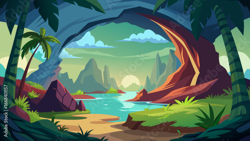 Vector art of a picturesque tropical cave opening onto a tranquil beach with mountains and palm trees under a serene sky, perfect for vacation