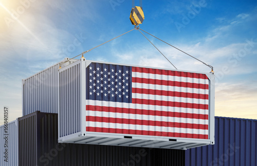 A shipping container painted with national flags, symbolizing international trade, global logistics, and cross-border cooperation