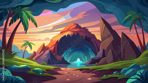 Vector art of a vibrant cartoon landscape featuring a cave entrance, palm trees, and a stunning sunset, creating a sense of tropical adventure and exploration