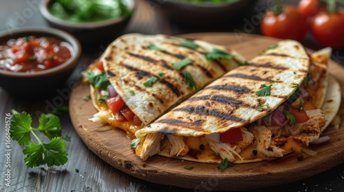 Grilled quesadillas with salsa and cilantro garnish close up