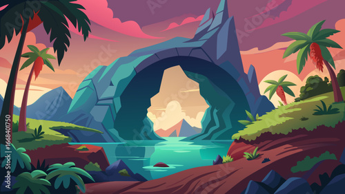 Vector art of a picturesque cave opening frames a breathtaking mountain arch, tranquil sea, and swaying palm trees at sunset, creating a serene tropical vista