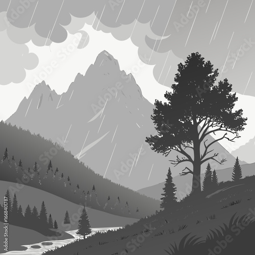 Vector art of a grayscale illustration of a mountain landscape with rain, trees, and a river, creating a calm and peaceful scene
