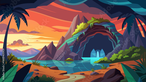 Vector art of a captivating tropical island landscape showcasing a majestic cave entrance at sunset, framed by lush vegetation and calm waters, inviting exploration