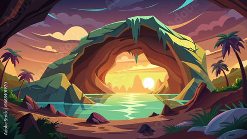 Vector art of tropical cave landscape with palm trees, sunset, and ocean view, creating a tranquil and exotic paradise for travel and adventure seekers