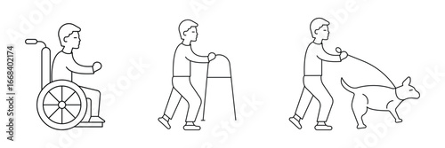 Disability wheelchair mobility walker support blind assistance guide dog accessibility inclusive healthcare medical patient awareness outline symbol icon vector illustration.