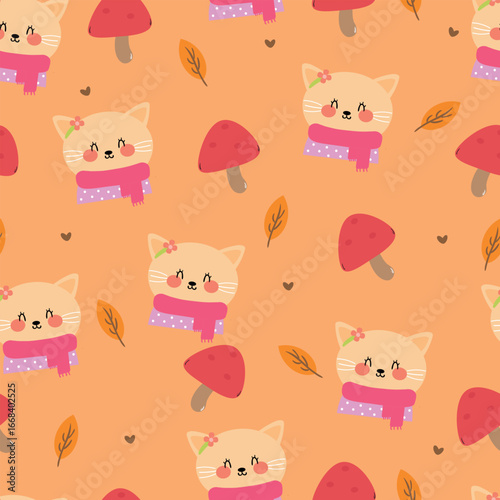 Wallpaper Mural Seamless pattern cartoon cat with mushroom. cute animal with autumn vibes wallpaper for textile, gift wrapper Torontodigital.ca