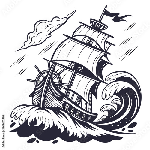 Vector art of vintage sailing ship navigating through stormy sea with large waves illustration, showcasing adventure