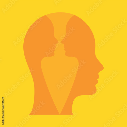 Abstract illustration of split personality and mental health concept, human head silhouette with multiple profiles symbolizing psychology, psychiatry, disorder, therapy, brain and emotions.