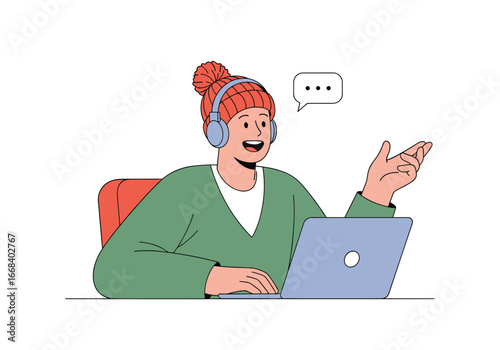 Customer service representative engages with client while working on a laptop computer