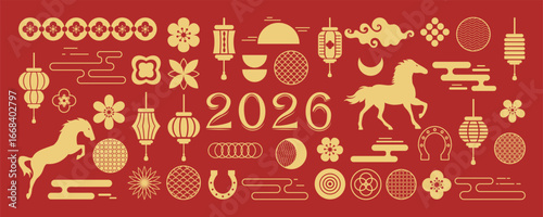 Chinese New Year 2026 element vector set. Year of the horse design. Icons of Asian Lunar New Year holiday decoration