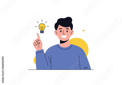 A young man excitedly points to a glowing lightbulb representing a new idea innovation