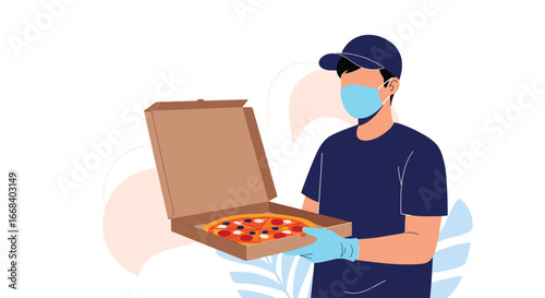 A masked delivery person in blue uniform and gloves holds open a pizza box with a fresh pizza inside