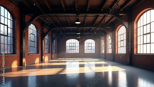  Industrial Hall Interior with Brick Arches and Natural Sunlight