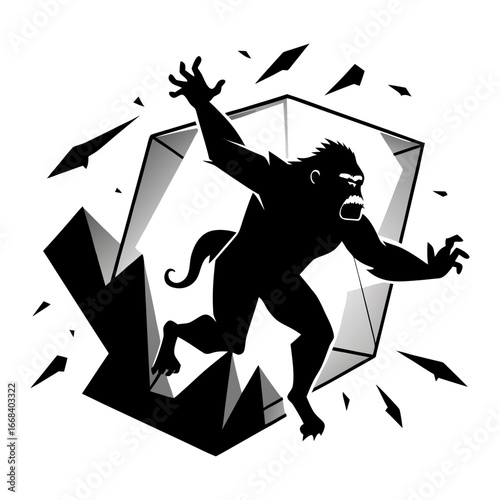 Silhouette of Ambitious Startup Ape Breaking Glass Ceiling, Overcoming Barriers, Achieving Success, Innovation, Leadership, Entrepreneurship, Motivational Vector Artwork