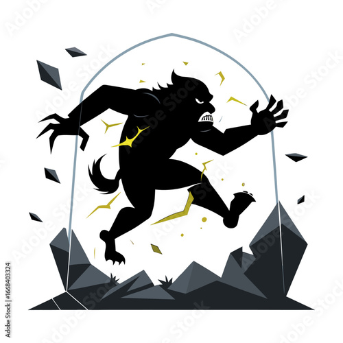 Silhouette of Ambitious Startup Ape Breaking Glass Ceiling, Overcoming Barriers, Achieving Success, Innovation, Leadership, Entrepreneurship, Motivational Vector Artwork