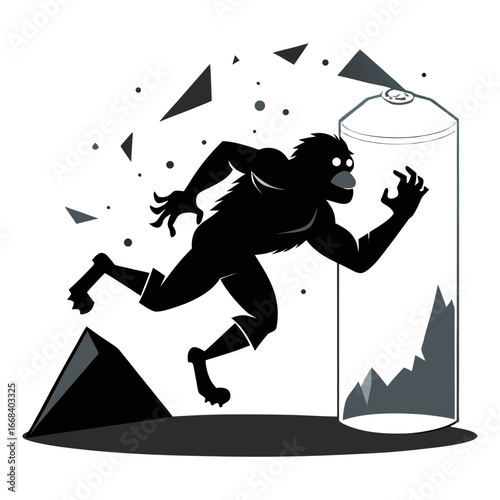 Silhouette of Ambitious Startup Ape Breaking Glass Ceiling, Overcoming Barriers, Achieving Success, Innovation, Leadership, Entrepreneurship, Motivational Vector Artwork