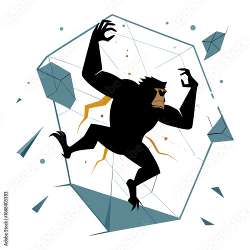 Silhouette of Ambitious Startup Ape Breaking Glass Ceiling, Overcoming Barriers, Achieving Success, Innovation, Leadership, Entrepreneurship, Motivational Vector Artwork