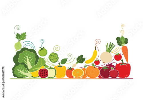 A vibrant assortment of fresh fruits and vegetables displayed artistically
