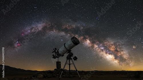 Telescope points to a starfilled night sky featuring the Milky Way set against a dark landscape
