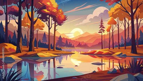 Vector art of a breathtaking autumn vista showcasing a still lake reflecting the golden sunlight and the vibrant foliage of the surrounding woodland at sunrise