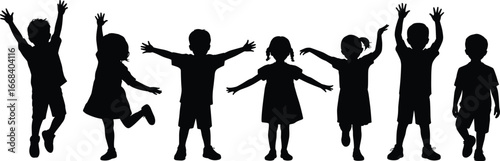 Silhouette of happy children playing, group of kids jumping with joy, fun activity, black cutout, energetic young childhood moments
