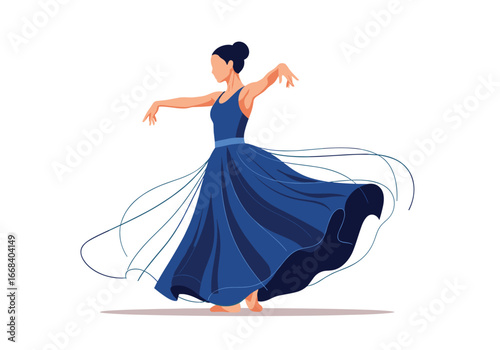 An elegant woman in a blue dress dancing gracefully with flowing fabric