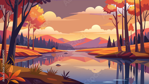 Vector art of scenic autumn landscape featuring a tranquil river reflecting colorful trees and mountains under a serene sky, creating a peaceful and idyllic nature scene