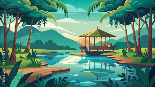 Vector art of lush tropical landscape featuring a tranquil river with a gazebo and boat, surrounded by vibrant greenery and mountains under a serene sky, creating a peaceful scene