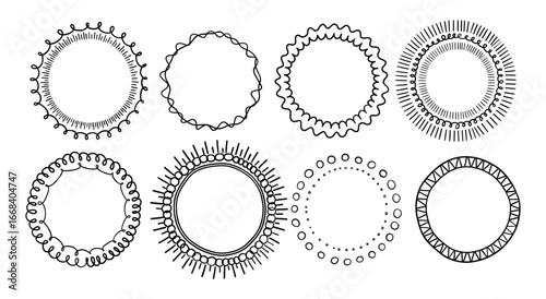 Set Round frames linear doodles. Vintage. Curls, waves, stripes, dots. Set of frames for design.