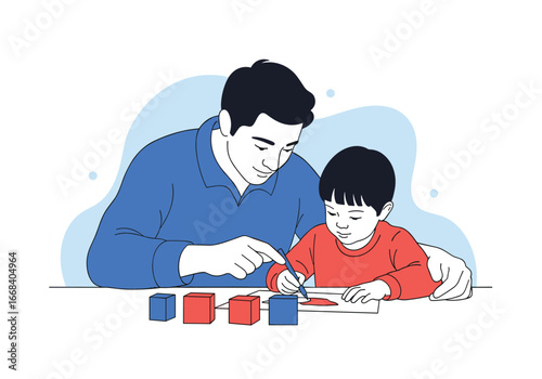 Father and son learning together engaging in creative activities and developing skills