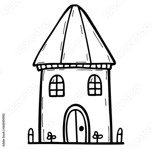 Simple Hand-Drawn Doodle of a House with a Pointed Roof and Garden