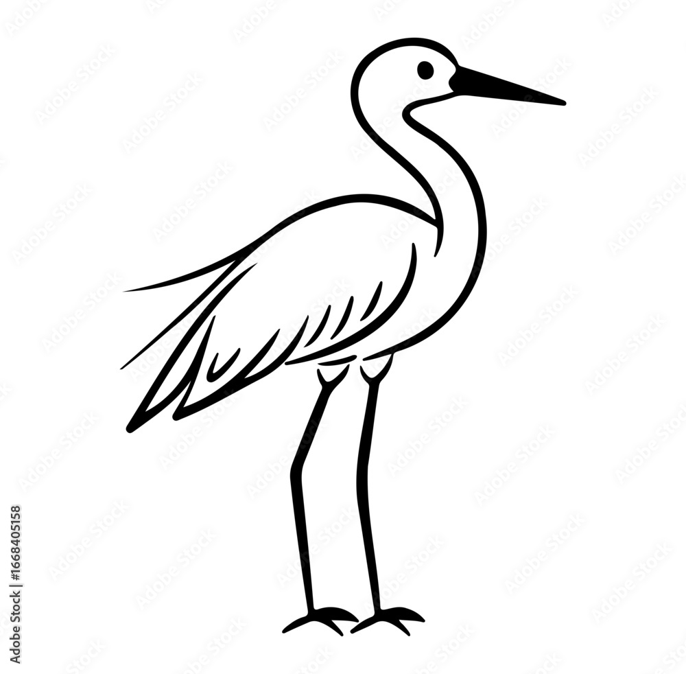 Fototapeta premium Minimalist Doodle of a Heron in Black and White Line Art Style