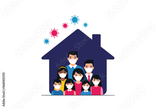 Family stay home protect from illness spread during pandemic outbreak safety measures