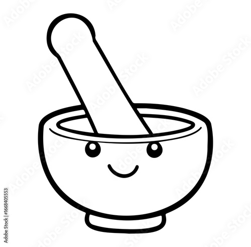 Cute Doodle of Mortar and Pestle with Smiling Face for Fun Illustrations