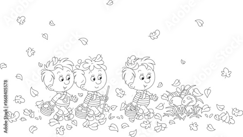 Funny little boys mushroomers with small baskets found large edible mushrooms among grass and fallen leaves in an autumn forest glade, black and white vector cartoon illustration for a coloring book