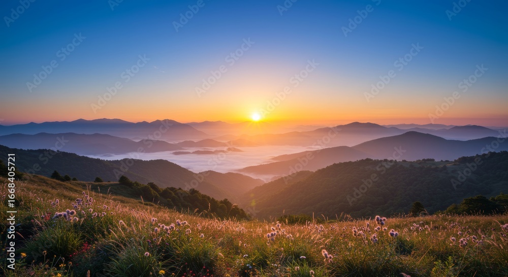 Fototapeta premium Panoramic mountain landscape with golden sunrise hues and morning mist layers
