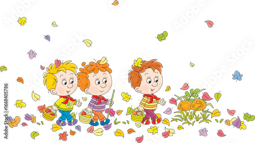 Funny little boys mushroomers with small baskets found large edible mushrooms among grass and colorful fallen leaves in an autumn forest glade, vector cartoon illustration on white