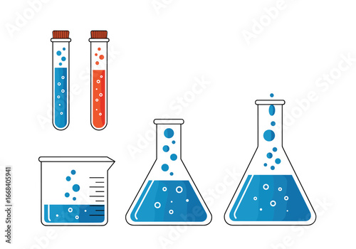 Laboratory glassware and chemical reactions bubbling fluid in scientific experiments