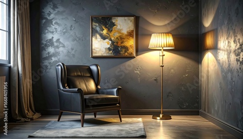 An elegant interior scene featuring a leather armchair, a floor lamp, and artwork on the wall.