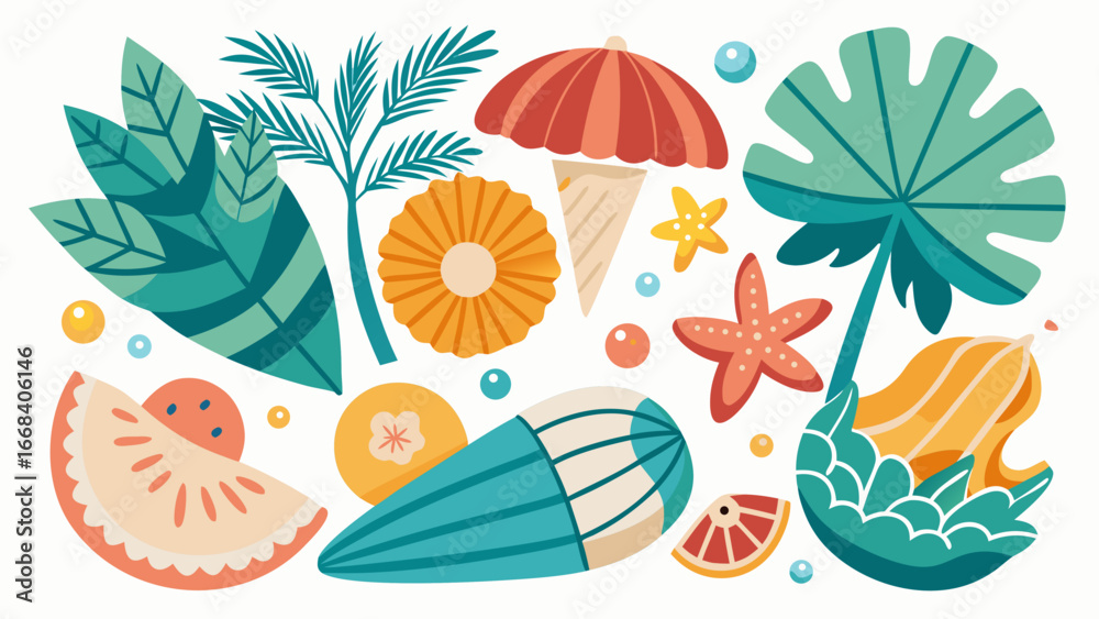 Obraz premium Vector art of a vibrant collection of beach and tropical elements, perfect for summer vacation and holiday designs