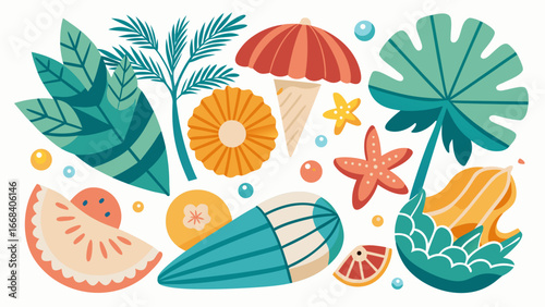 Vector art of a vibrant collection of beach and tropical elements, perfect for summer vacation and holiday designs