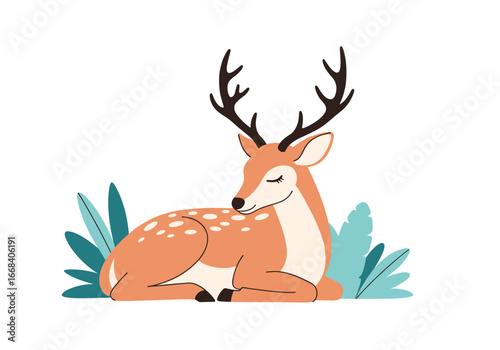A gentle deer rests peacefully among lush greenery under a clear sky