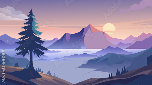 Vector art of a breathtaking mountain landscape with a serene lake, misty fog, and a captivating sunset, offering a peaceful and idyllic escape into natures beauty