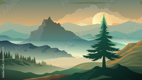 Vector art of a picturesque mountain landscape featuring a majestic pine tree silhouetted against the setting sun, evoking a sense of tranquility and natural beauty