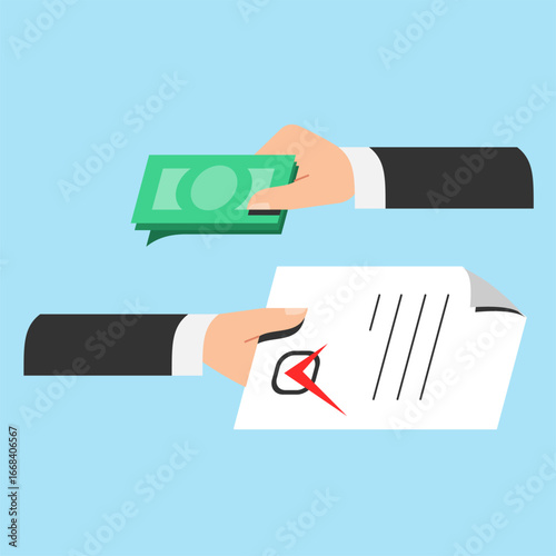 Corruption and bribes, Composition with a hand giving monetary bribe and second hand signing official documents with a seal. Offer