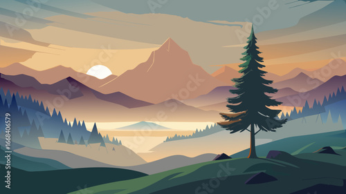 Vector art of a captivating mountain landscape at sunset, showcasing a solitary pine tree standing tall amidst rolling hills and distant peaks, creating a serene vista