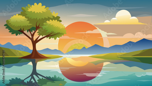 Vector art of a tranquil landscape illustration featuring a tree silhouetted against a sunset, with its reflection shimmering on the water, evoking peace