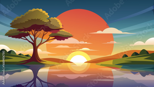 Vector art of a serene landscape illustration of a tree silhouetted against a vibrant sunset reflecting on calm water, creating a peaceful and idyllic scene