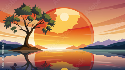 Vector art of a picturesque landscape illustration of a tree silhouetted against a sunset reflecting on the water, creating a serene and idyllic scene