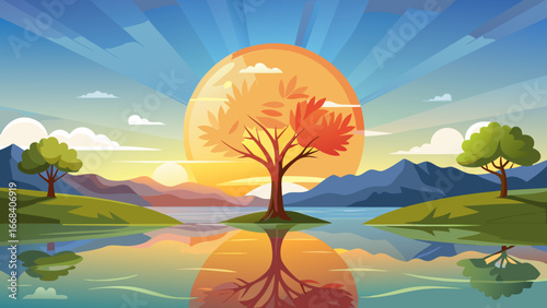 Vector art of a scenic landscape featuring a tranquil lake reflecting the sunset, with trees on an island and mountains in the background, creating a peaceful atmosphere